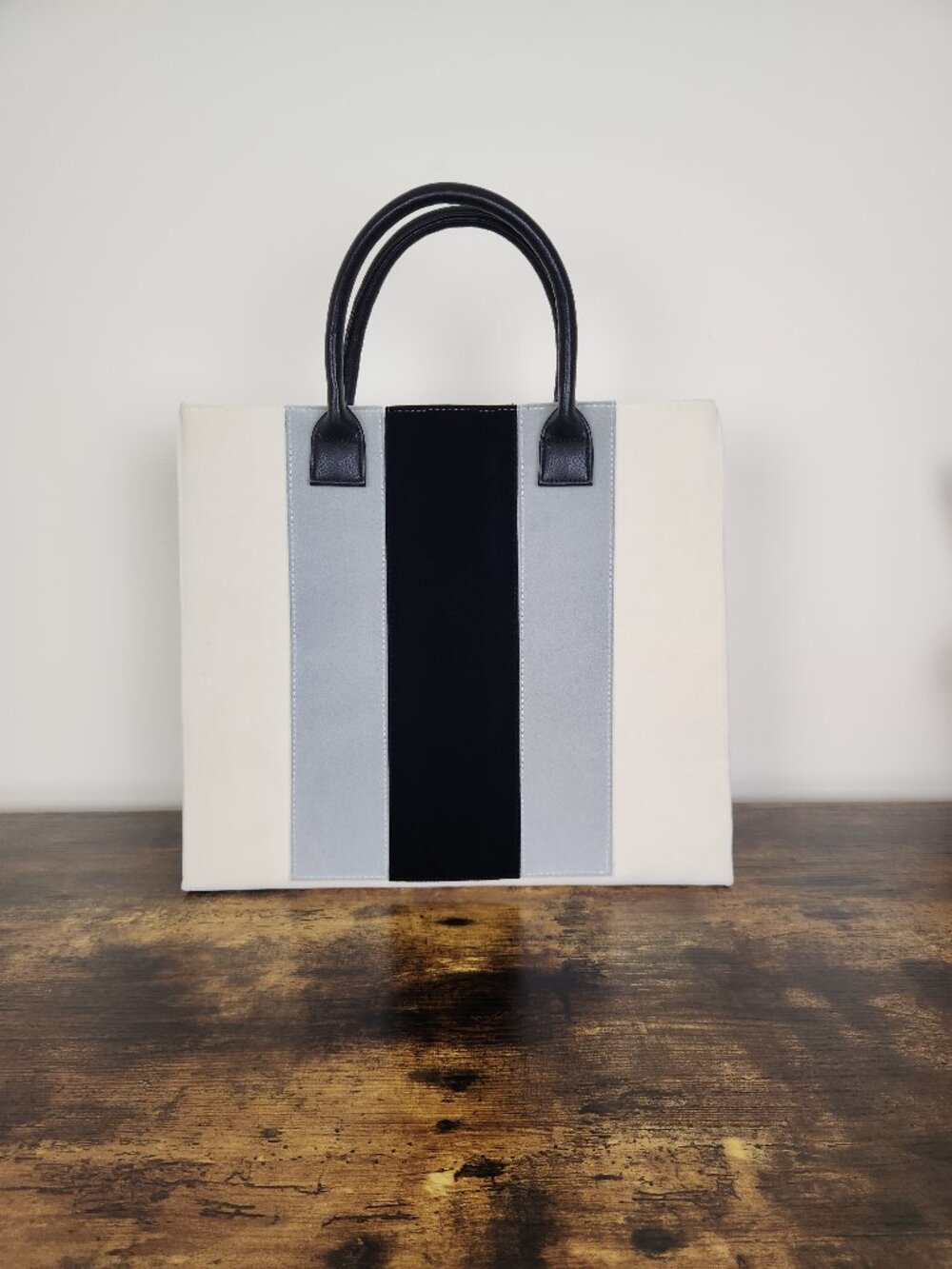 Lulu Dharma Ivory Gray Black Stripe Snap Closure Large Velvet Tote Bag